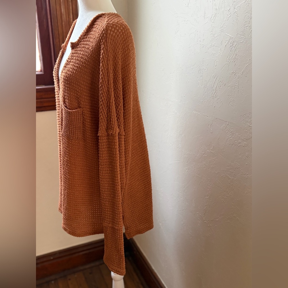 EFAN Rust Orange Waffle Knit Thermal Top Oversized Boho Long Sleeve Large - Picture 7 of 10